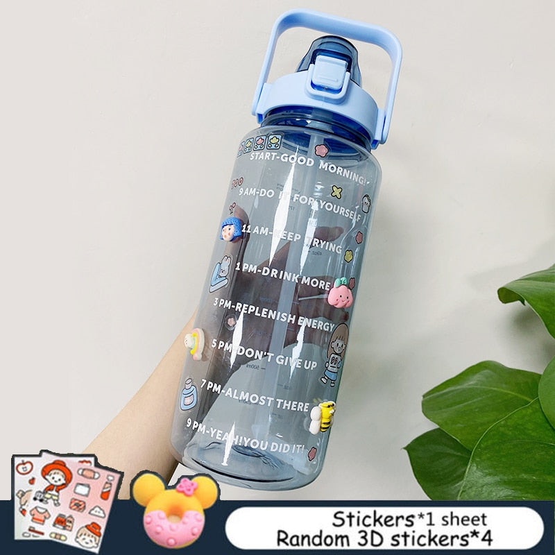 2L Large Capacity Water Bottle With Bounce Cover Time Scale Reminder Frosted Cup With Cute Stickers For Outdoor Sports Fitness