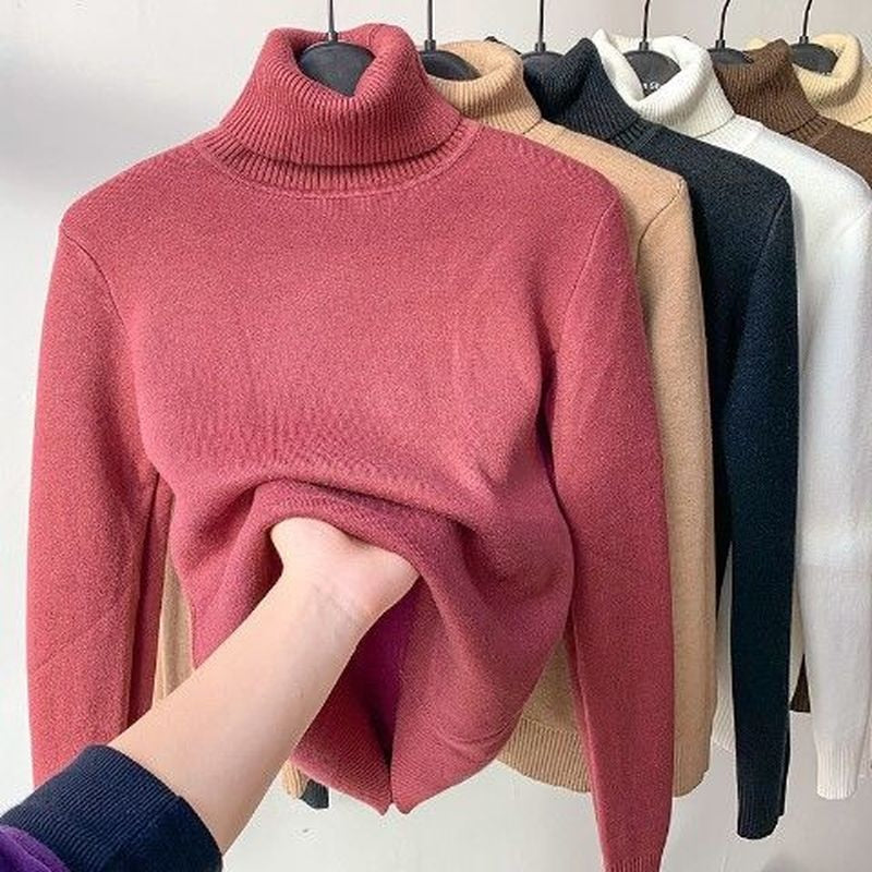 Turtle Neck Fleece Sweater Women Winter Warm Elegant Thick Warm Female Knitted Pullover Loose Basic Knitwear Jumper Dropshipping