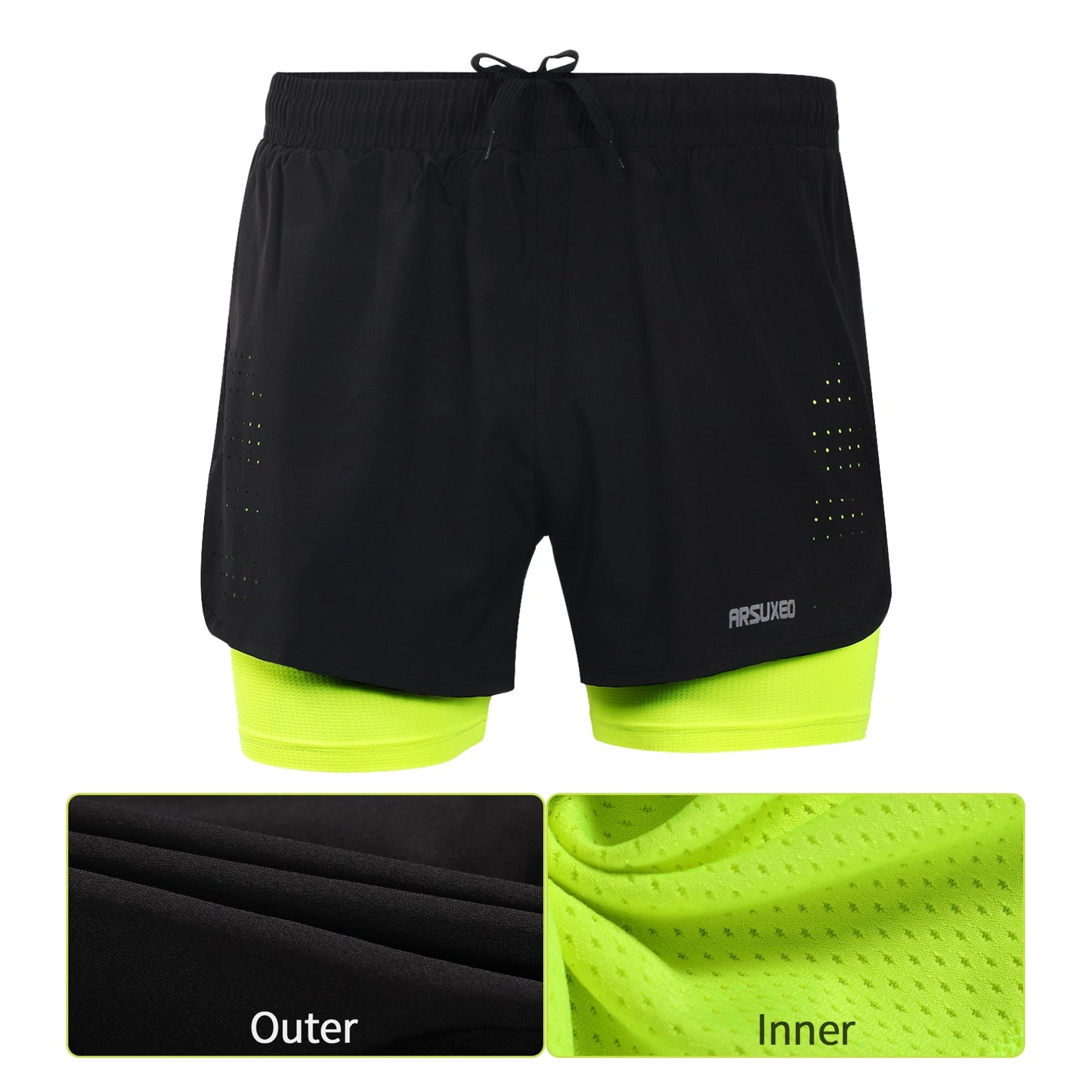 ARSUXEO Men's Running Shorts Outdoor Sports Training Exercise Jogging Gym Fitness 2 in 1 Shorts with Longer Liner Quick dry B179