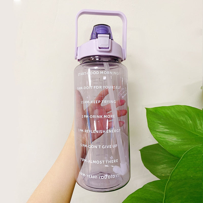 2L Large Capacity Water Bottle With Bounce Cover Time Scale Reminder Frosted Cup With Cute Stickers For Outdoor Sports Fitness