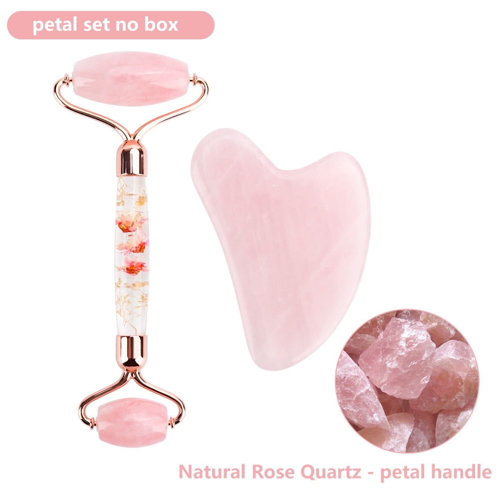 Natural Rose Quartz Jade Roller Gua Sha Set Facial Body Massager Roller Jade Stone Massage Set Face Lifting Beauty Massage Tools