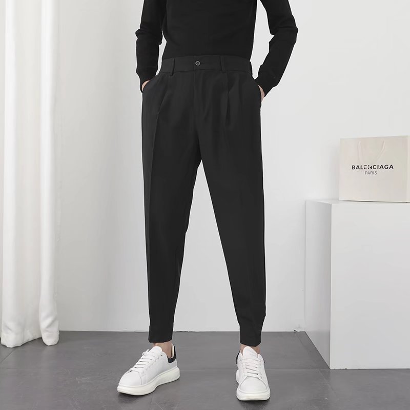 Fashion Men Casual Pants Elastic Waist Small Feet Slim Korean Style Pleated Tapered Male Blazer Pants Trousers Streetwear