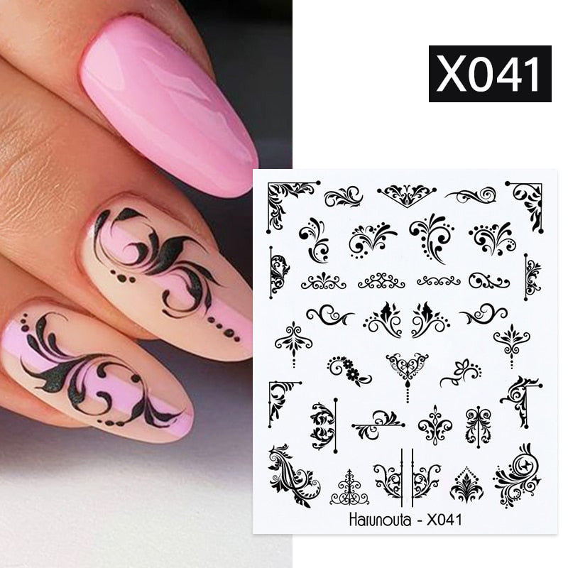 Harunouta Black Lines Flower Leaves Water Decals Stickers Floral Face Marble Pattern Slider For Nails Summer Nail Art Decoration