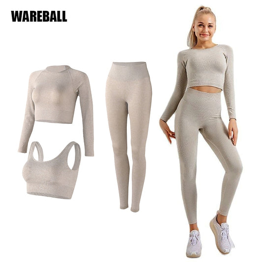 Women&#39;s Sportswear Yoga Set Workout Clothes Athletic Wear Sports Gym Legging Seamless Fitness Bra Crop Top Long Sleeve Yoga Suit