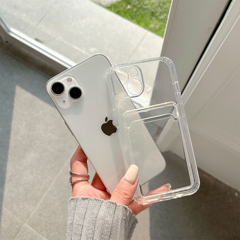 Transparent Wallet Card Holder Case Cover Suitable for iPhone X XS XR 11 12 13 Pro Max Mobile Phone Soft Silicone Protective