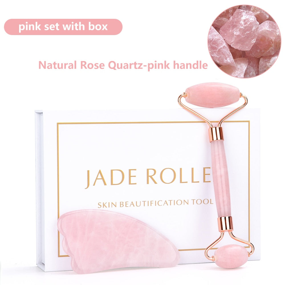 Natural Rose Quartz Jade Roller Gua Sha Set Facial Body Massager Roller Jade Stone Massage Set Face Lifting Beauty Massage Tools