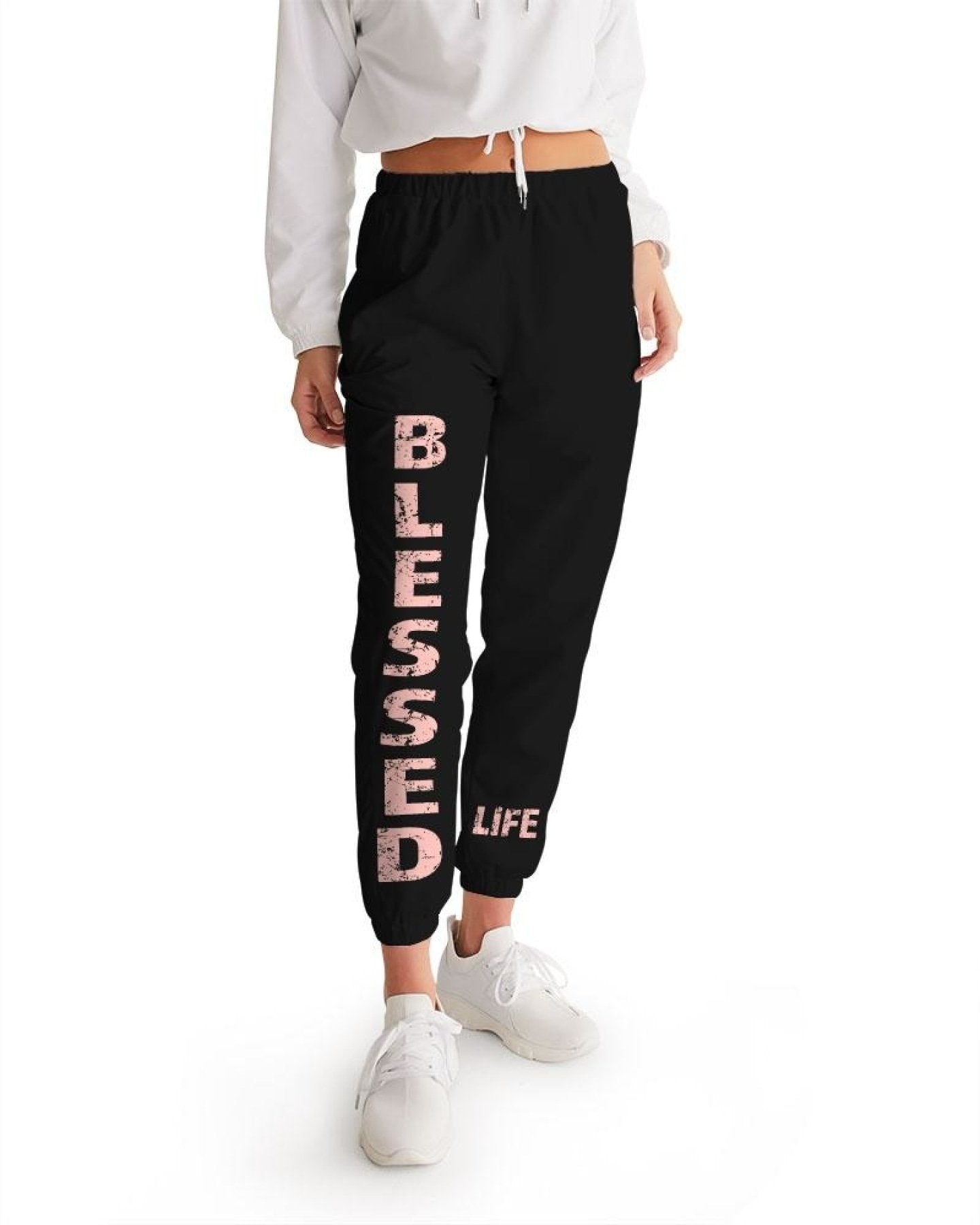 Womens Track Pants - Black & Peach Blessed Graphic Sports Pants